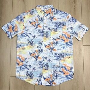 Chaps Men's Hawaiian Shirt M Blue Orange Floral Tropical Cotton Rayon Short Slee